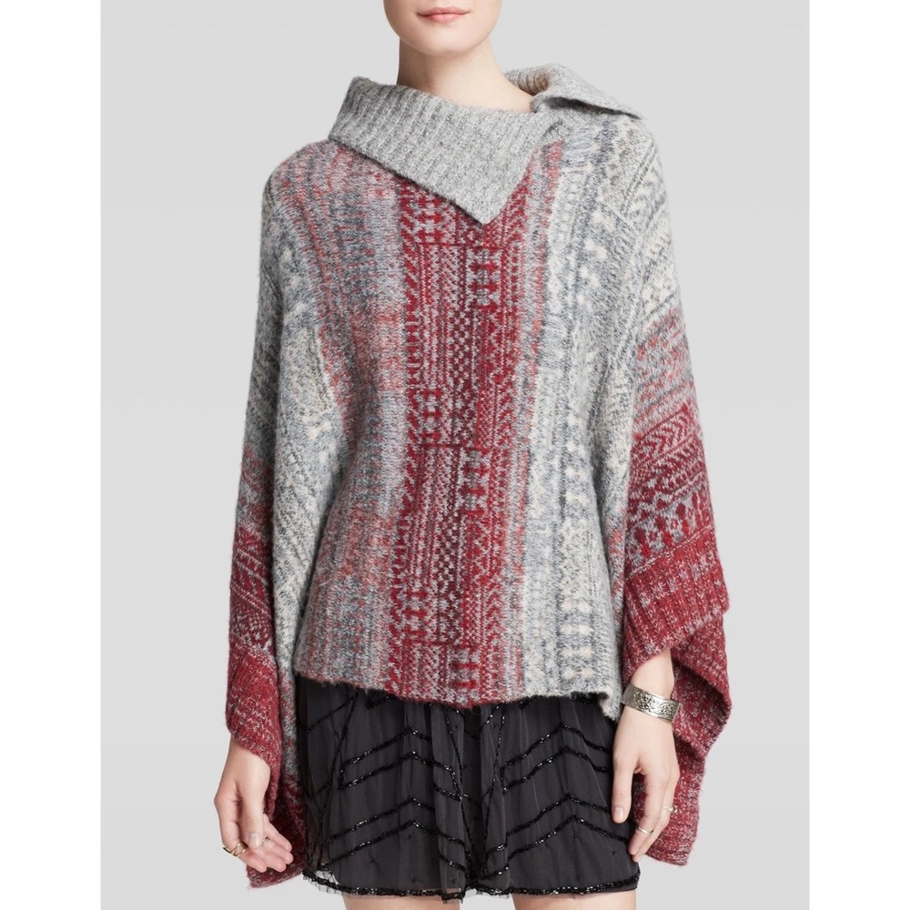 Free People Willow Poncho Sweater Pullover Cowl Neck Red Combo Sz S‎ - Picture 4 of 8